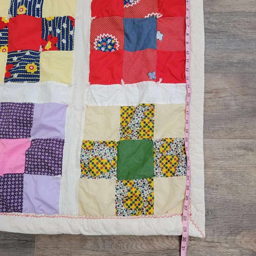 Vintage Quilt Small 9 Patch Hand Pieced Cotton Colorful Floral 28.5 x 29